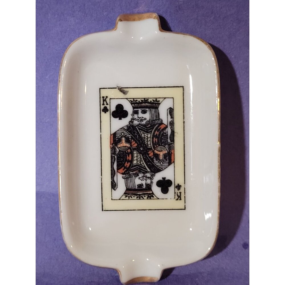 Vintage Porcelain Ashtray With King Of Clubs Design & Gold Trim Small‎